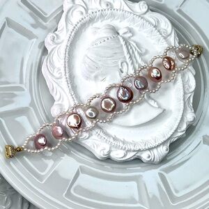 Handmade Premium Freshwater Coin Pearl Braided Bracelet Crystal Magnetic Clasp